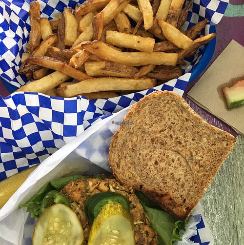 okie dokie Artichokie on sprouted bread, pickle, jalapeño, and Sriracha aioli    at Beach Burgerz in Flagler Beach