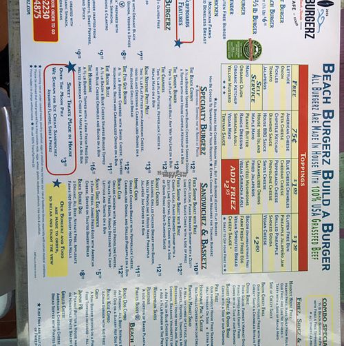 menu as of 9/25/16 at Beach Burgerz in Flagler Beach