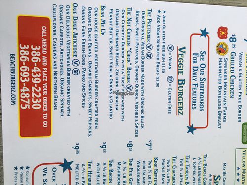 veggie burger section of menu at Beach Burgerz in Flagler Beach