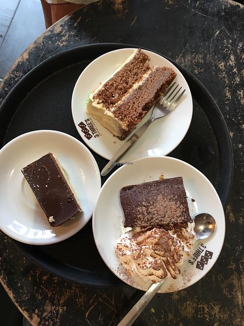 vegan cake heaven: carrot cake, warm brownie with soy whip, caramel shortbread at 3 Three's Coffee Lounge in Birmingham