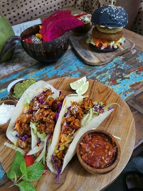 Dragon bowl, chickpea burger and soft shell tacos at The Spicy Coconut in Seminyak