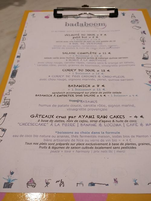 Menu at Badaboom in Nice