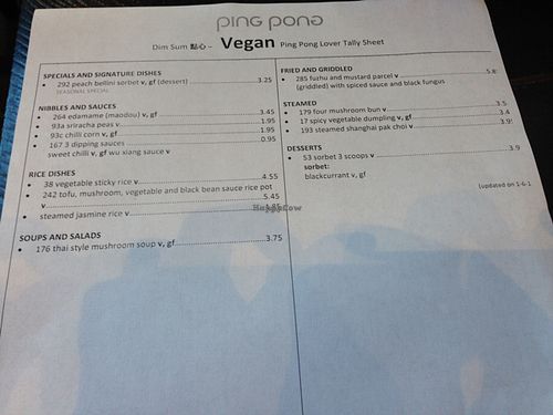 the vegan menu at Ping Pong Dim Sum in South East London
