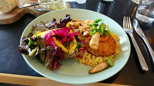 The course of the day. Aside from the couscous, mushrooms and salad, I can't recall exactly what the meal was, other than that it was vegan and delicious! at Aalto Bistro in Reykjavik