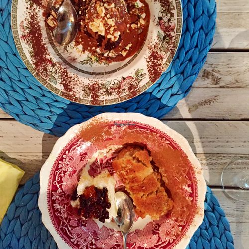 gluten free chocolate brownie with ice cream and vegan coconut and apple tart  at Yard of Taste in Zakynthos
