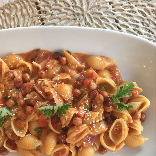 Summer pasta shells with roasted chickpeas mmmm at Yard of Taste in Zakynthos