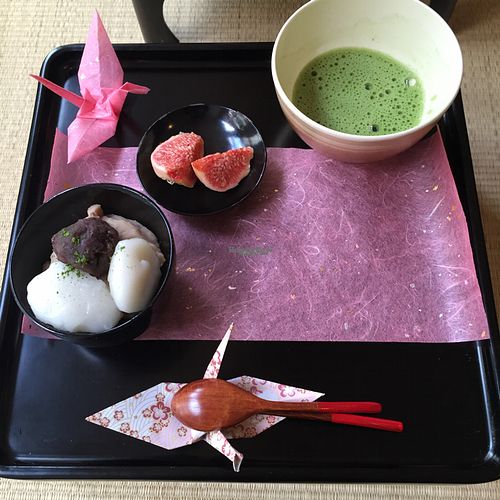 gorgeous dessert after a delicious lunch! chestnut cream with mochi and red beans, paired with fresh figs and matcha :) at Shanti Yoga Vegan Cafe in Hiroshima