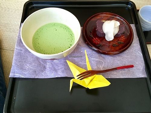 Dessert: Matcha and red bean cake with tofu crème fraîche at Shanti Yoga Vegan Cafe in Hiroshima