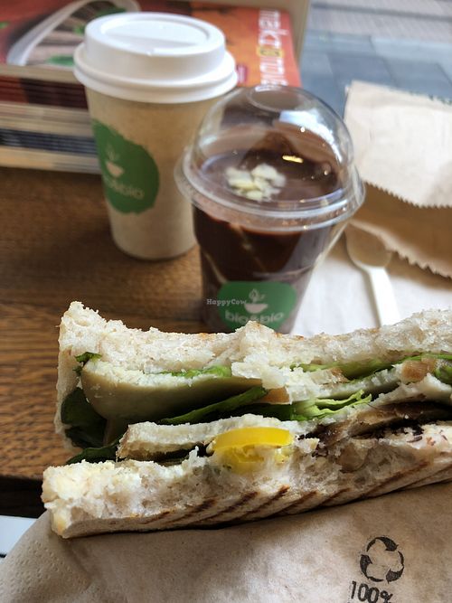 Toast with smoked seitan, chocolate banana chia pudding and coffee.  at bio&bio - Oktogon in Zagreb
