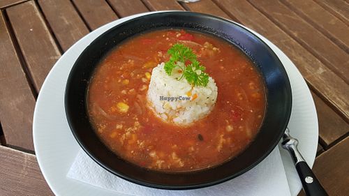 Vegan soup with chili and minced soy-meat at Punkt 13:15 in Parnu