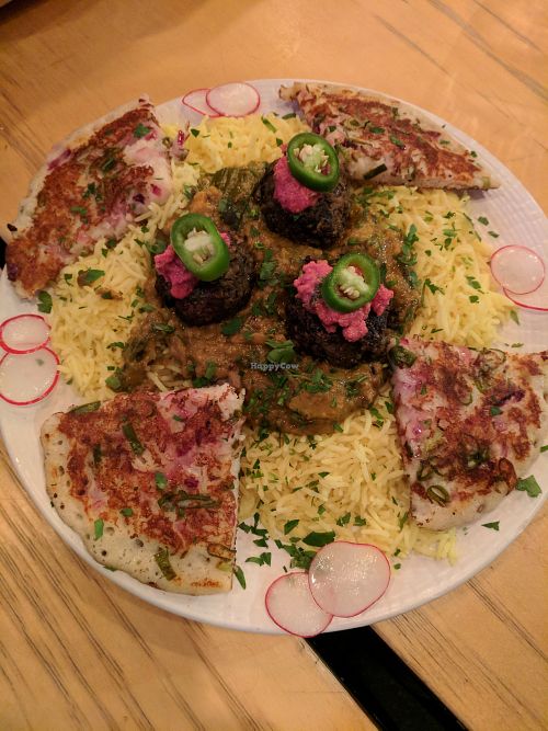 Ganesh thali - a rice dish baked mushroom fritters  at Dosa Bar in Tel Aviv
