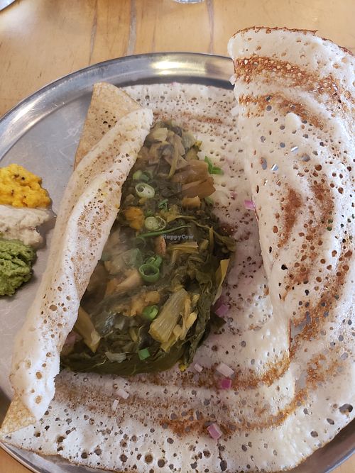 Green dosa - filled with mangold and other delicious cooked vegis at Dosa Bar in Tel Aviv