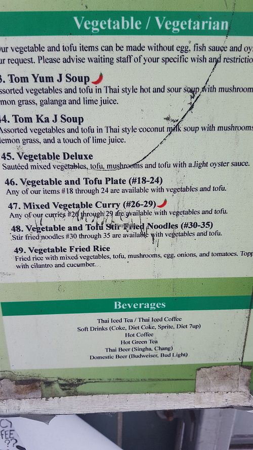 Vegan menu options, just specify no fish sauce, no egg, only tofu and veggies. at Chabaa Thai Cuisine in San Francisco