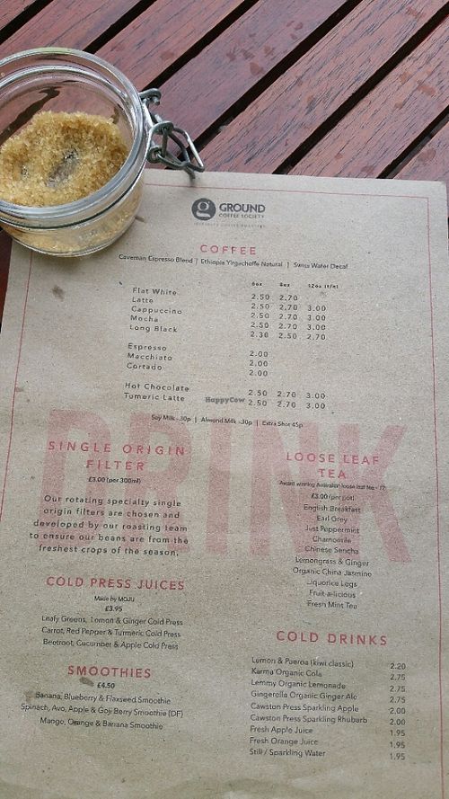 Coffee/drinks menu at Ground Coffee Society in South West London