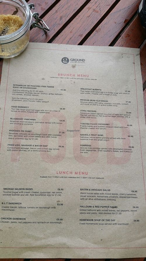Brunch & lunch menu at Ground Coffee Society in South West London