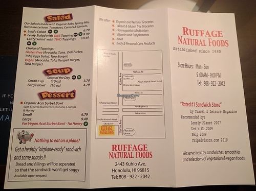 Menu as at Oct 2016 - back at Ruffage Natural Foods in Honolulu