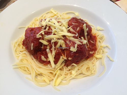 Vegan pasta meatballs.  at Aingels Cafe Bistro in Basingstoke