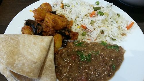 Tarka Dhal, dried curried aubergine potato Aloo bathau sabji and roti (Tasty Vegan taster night) at Bojangles  in Sunderland