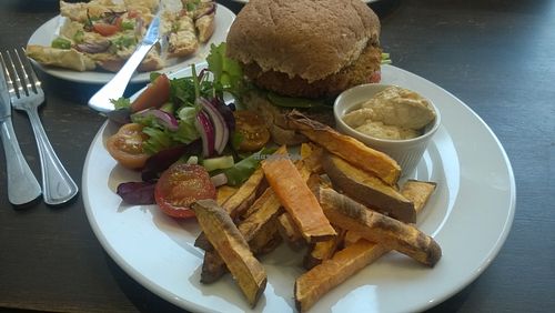 Spicy bean burger, hummus, salad and sweet potato wedges at Bojangles  in Sunderland
