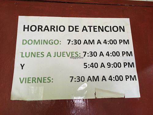 opening hours (october 2017) at Nature's Center in Cajamarca