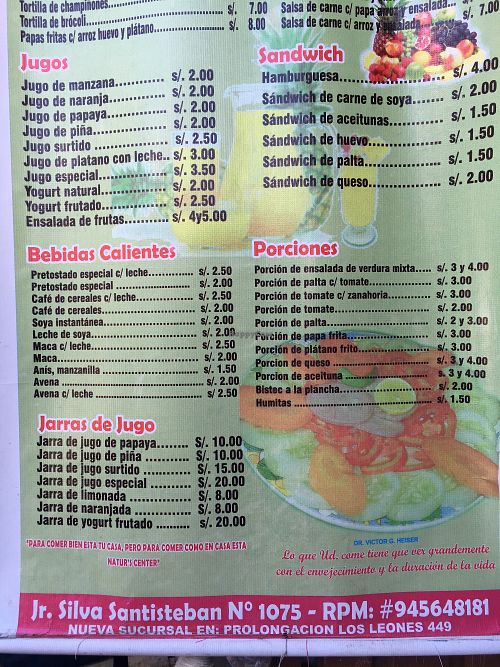 menu at Nature's Center in Cajamarca