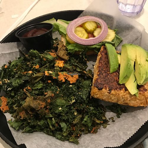  tempeh burger and kale chips (gross parmesan)  at Anna's House - Plainfield in Grand Rapids