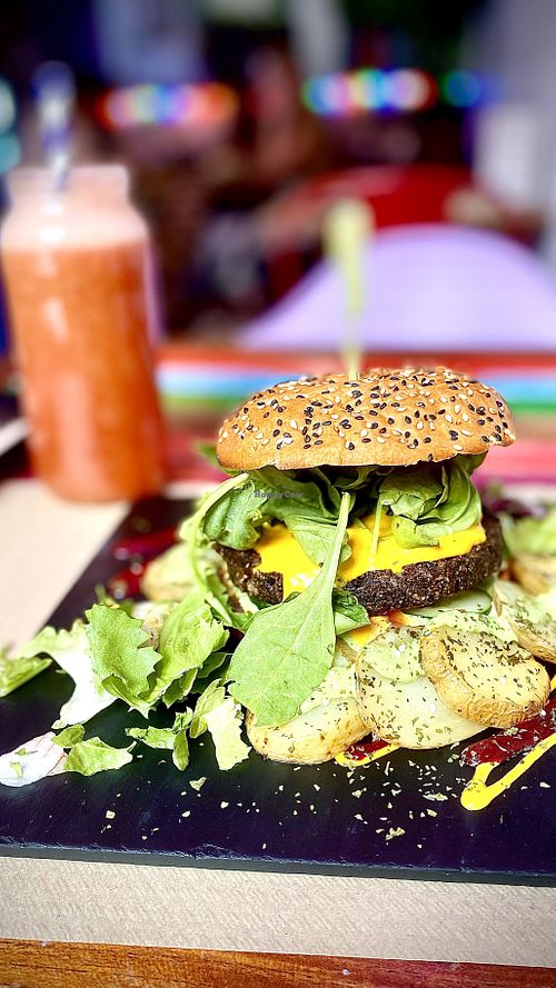 Terra Nostra burger (lentils and black olives patty)   at Sanissimo - Opera in Madrid