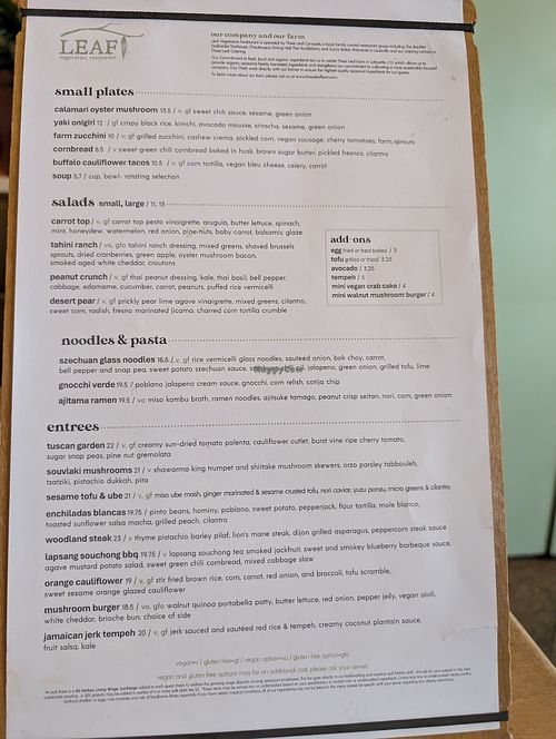 Menu at Leaf Vegetarian Restaurant in Boulder