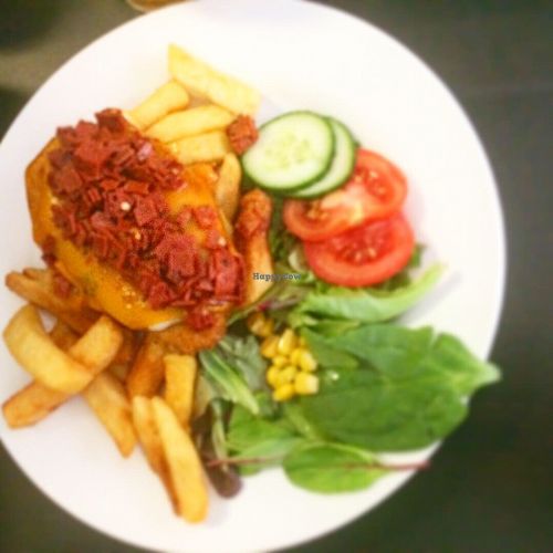 Vegan parmo with spicy  at The Green Room in Middlesbrough