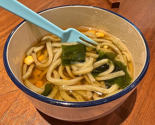 Kids meal-udon dish. All the things my picky kid loves! Noodles, seaweed, and corn. #Veganuary at Evah Dining Macrobiotic - Hakata Riverain Mall in Fukuoka
