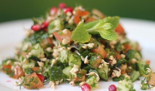 Tabbouleh salad with buckwheat sprouts and nut sauce at Ra.man in Kyiv