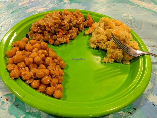 Sweet and sour chickpeas, Fried rice, Cabbage and carrot stir fry. $7.86 at SUNY Binghamton Food Co-op in Binghamton