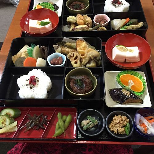 Delicious vegan bento box at Arashiyama-kan in Kyoto