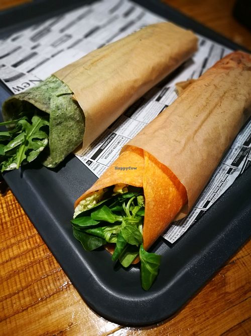 two tortia: one's a spinach tortia with fried tofu; the other's with seitan shewarma  at Farma Burgerownia Roslinna in Krakow