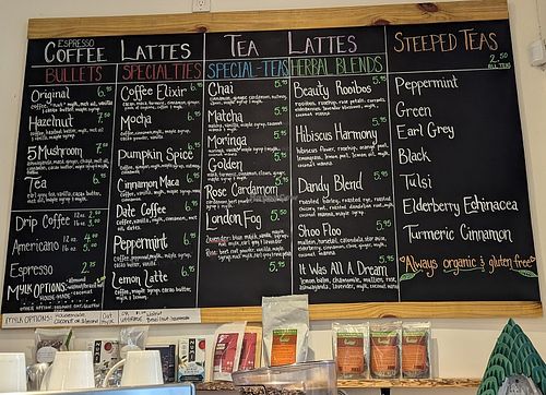 Hot drinks menu at Glow Juicery in Duncan