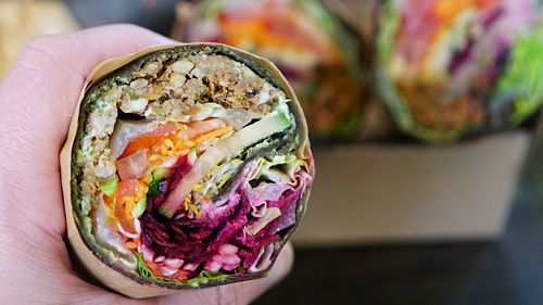 Raw vegan falafal wrap with sprouted lentil pattie. My favourite! The sauce is super yummy too. at Rawthentic Organic Unbakery & Farmacy in Gold Coast
