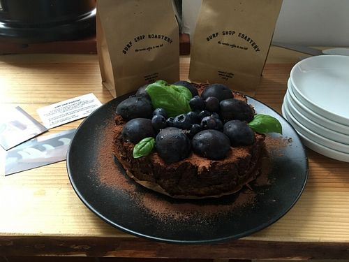 Blueberry Plum Raw Chocolate Cake at Surf Shop Roastery in Orth