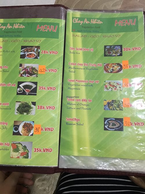 Menu at Chay An Nhien in Da Nang