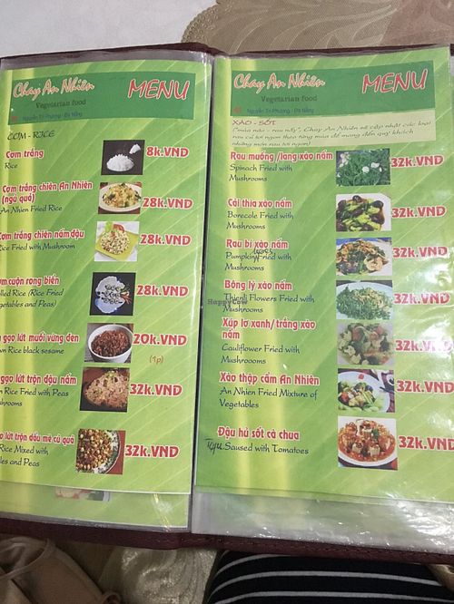 Menu at Chay An Nhien in Da Nang