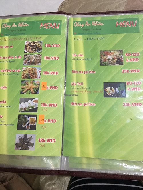 Menu at Chay An Nhien in Da Nang