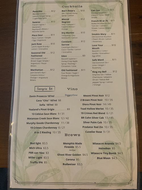 Drink menu at Cafe Pontotoc in Memphis