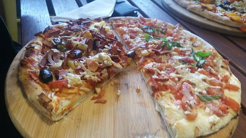 Half and half vegan pizza at CassellBella's Bakery Cafe in Northcote