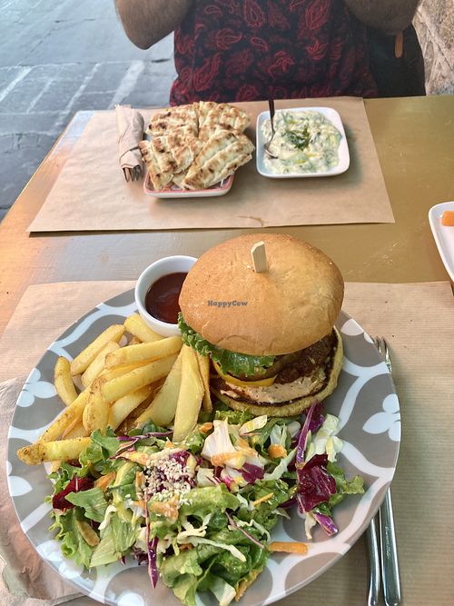 Tzatziki and burger  at ONO in Rhodes