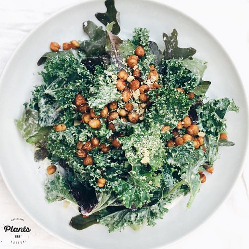 Kale Caesar Salad with creamy cashew caesar dressing, chickpea croutons & nut parmesan. at Plants in Taipei