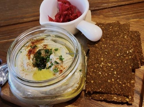 Mung-bean hummus --- super light and fluffy. I could do without the raw seeded crackers. Just give me a spoon and that hummus and I'll be happy. at Plants in Taipei