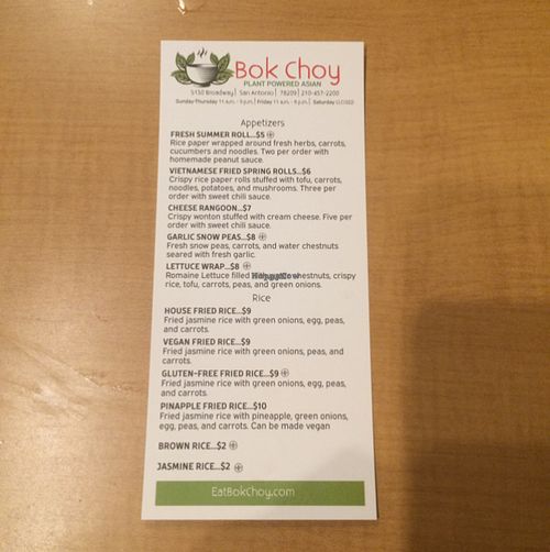 menu - front at Bok Choy in San Antonio