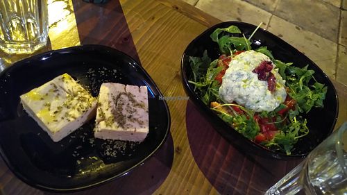 Feta from cashew cheese and Dakos with tzatziki. Delicious! at Veganaki in Athens