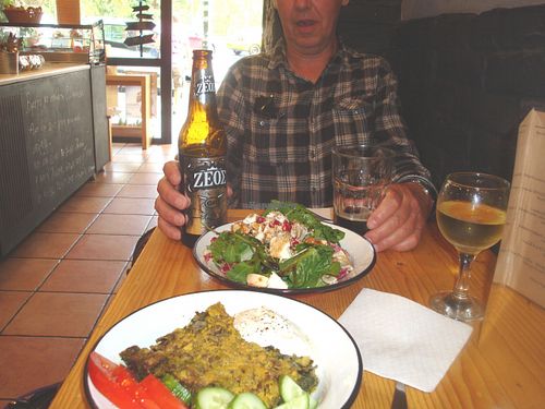 Plastos  spinach bake (front) and gourmet salad (rear) at Veganaki in Athens