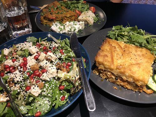 Gourmet salad, vegan omelette and pastitsiou at Veganaki in Athens