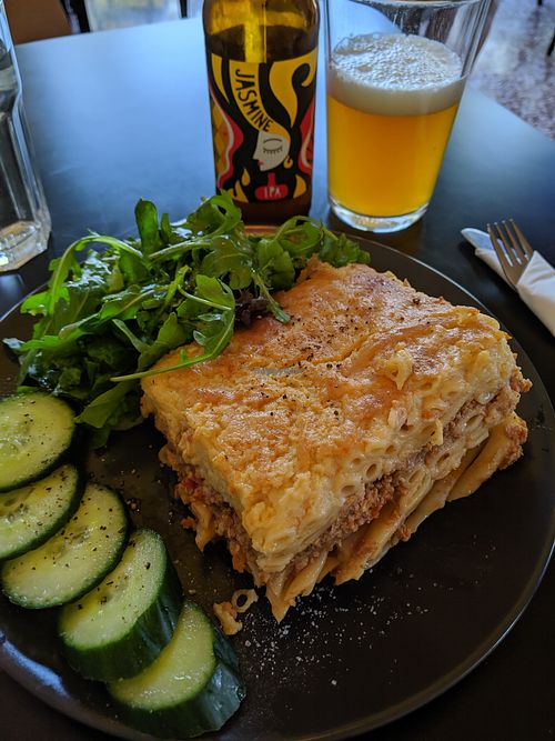 pastitsio and local beer at Veganaki in Athens